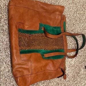 Brown and Green Leather Tote Bag